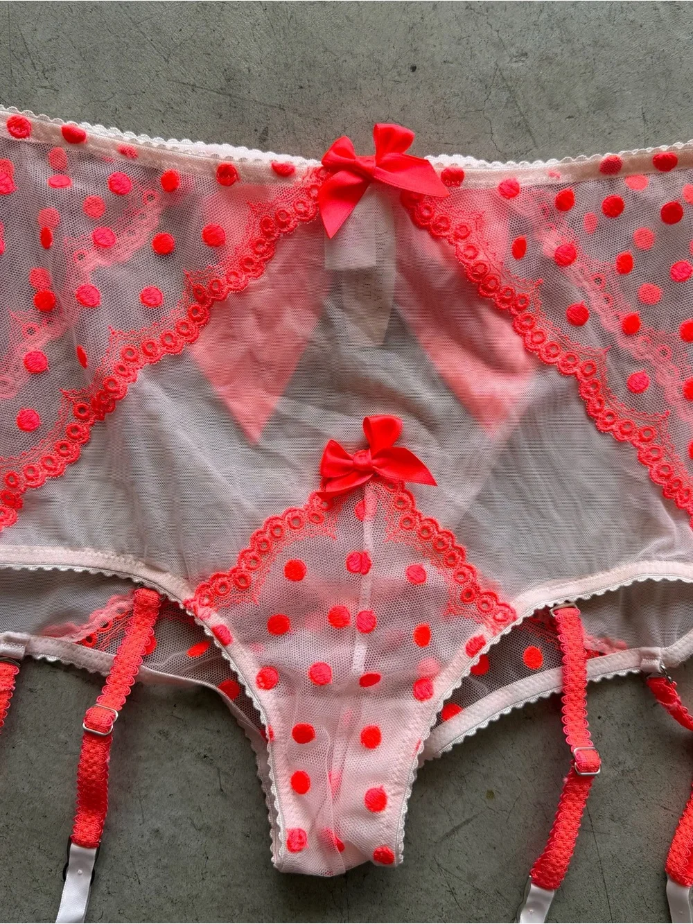 2001 VS neon coral polka dot garter panties